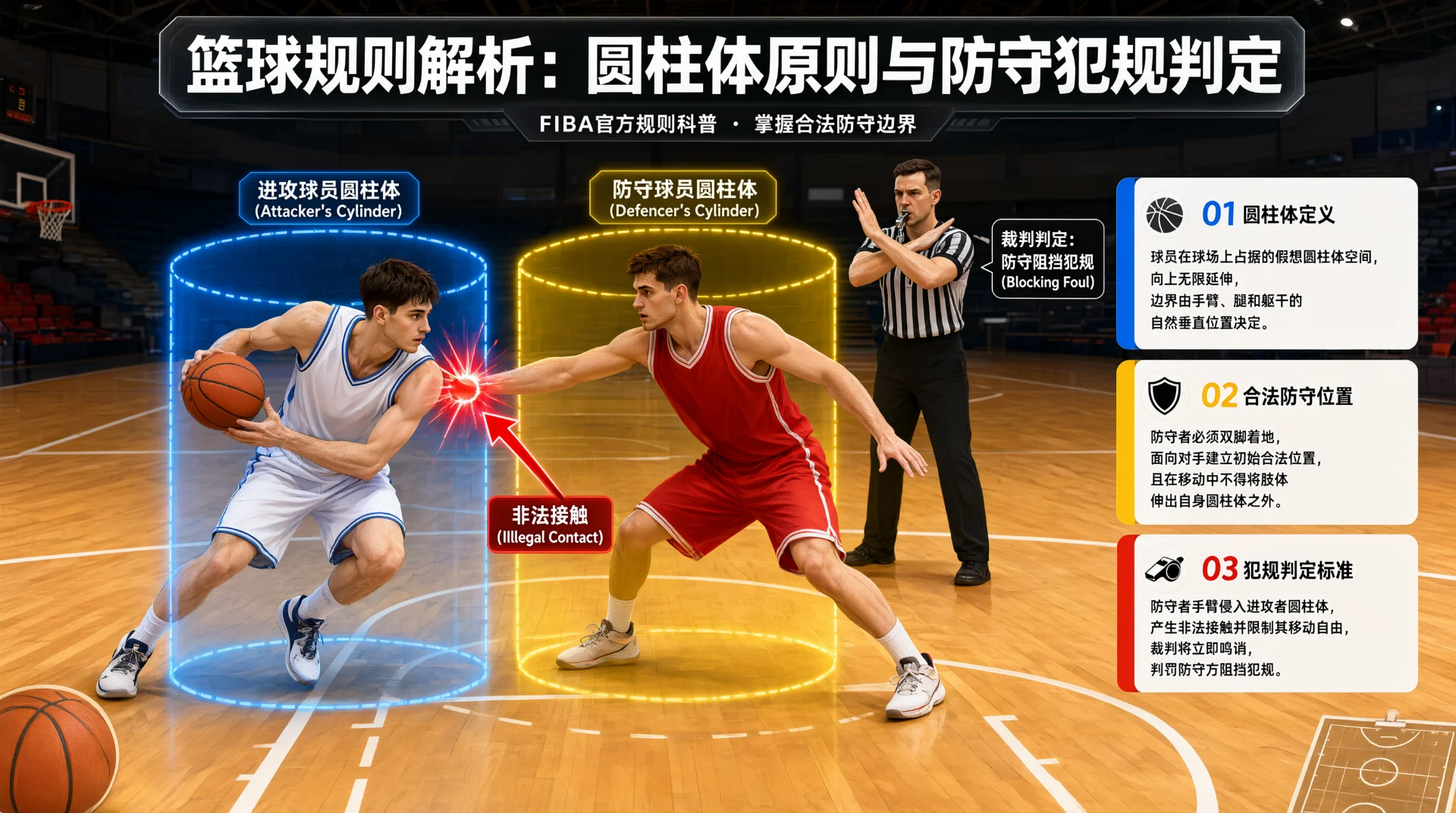 篮球示意图：白衣球员持球突破，红衣防守者伸手触其躯干，接触点以红光和箭头标出；两人外围以蓝、黄圆柱体标示范围；条纹裁判在旁做手势，右侧列三条带编号的说明。